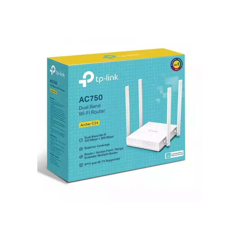 Wireless Router TP-Link Archer C24 AC750 433Mb/s/ext x 4/2.4-5Ghz/1WAN/4LAN