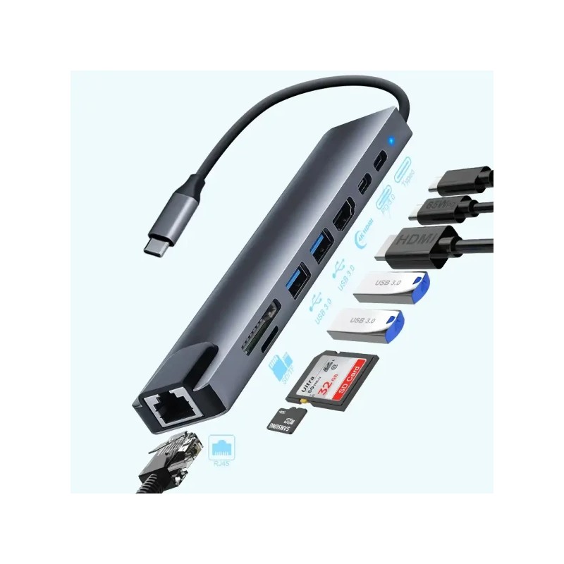 Adapter-konverter USB Tip C Zeus 11/1 1xUSB3.0/3xUSB2.0/HDMI/TF/SD/Audio/RJ45/VGA/Tip C PD